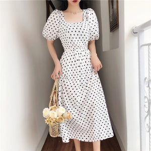 TWO PEARS-Puff Sleeve Backless Dot Print Dress