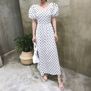 TWO PEARS-Puff Sleeve Backless Dot Print Dress