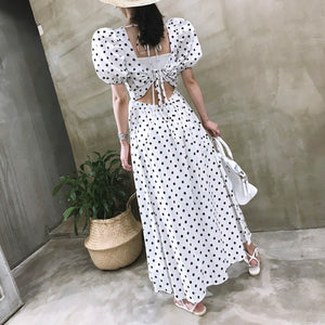 TWO PEARS-Puff Sleeve Backless Dot Print Dress