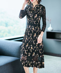 TWO PEARS-Long Sleeve Tie Neck Wrinkle Dress