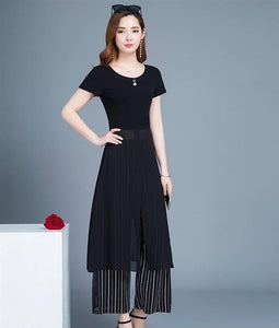 TWO PEARS-Short Slit Long Top and Wide Leg Pants Two-piece Set