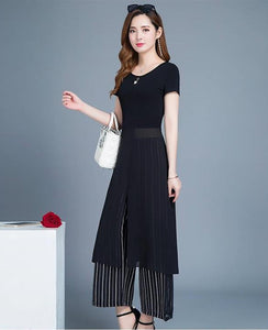 TWO PEARS-Short Slit Long Top and Wide Leg Pants Two-piece Set