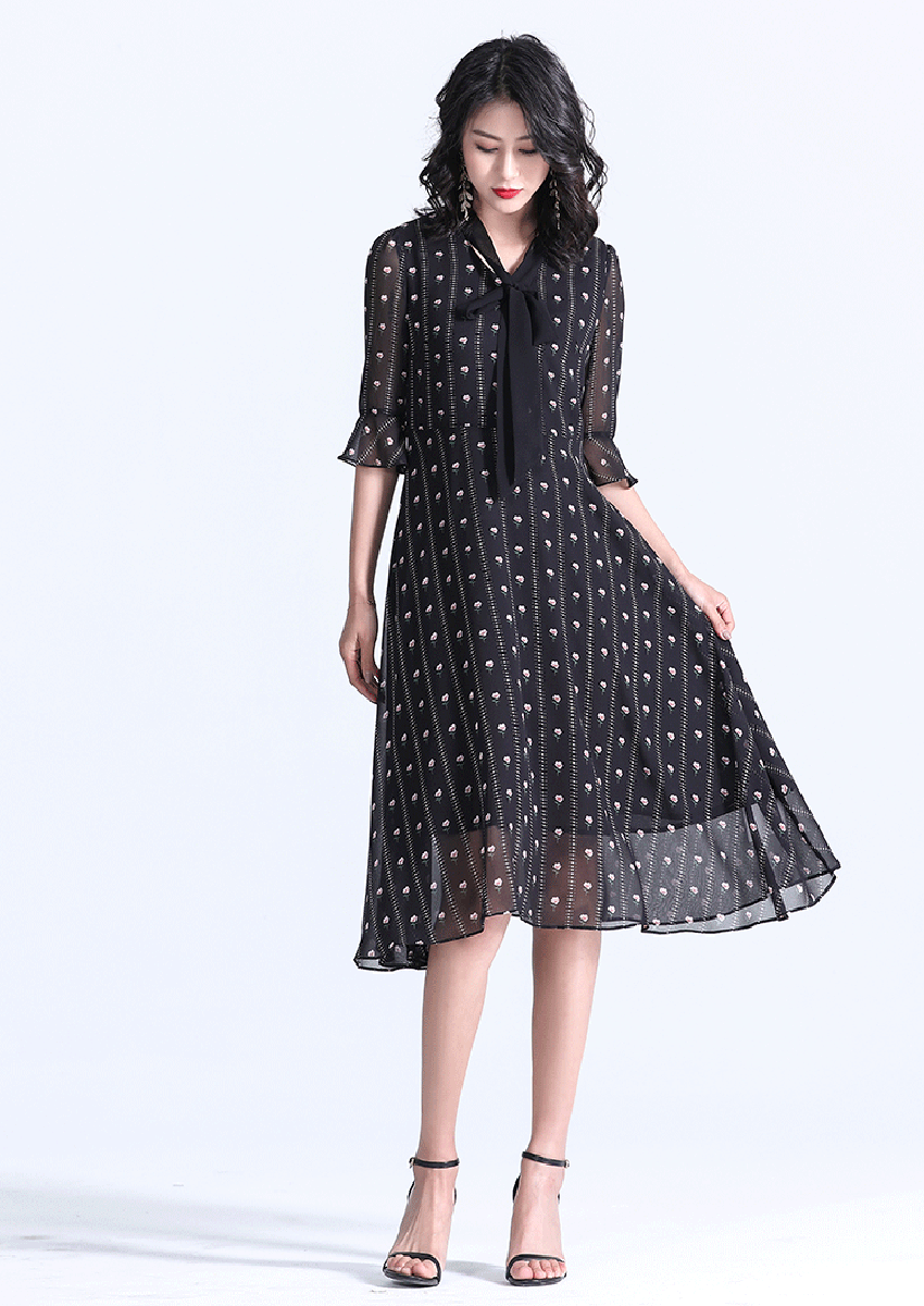 TWO PEARS-Ruffle Sleeve Tie Neck Fit & Flare Dress