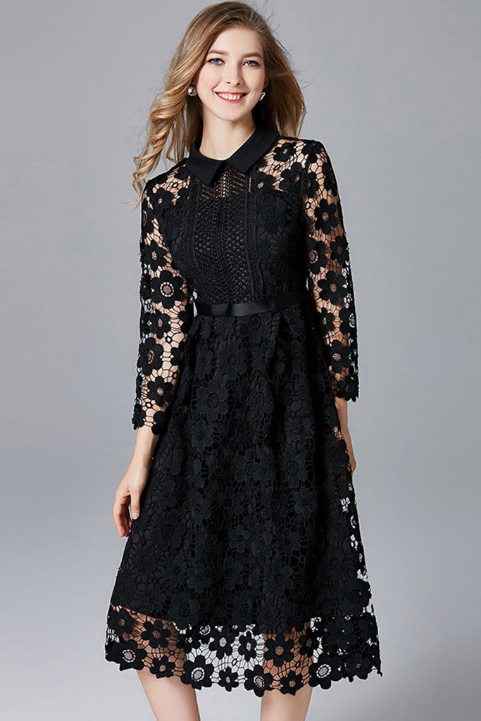 three quarter sleeve black lace dress Karen Kane Plus Size V Neck Scallop Lace Dress, 0X, Black