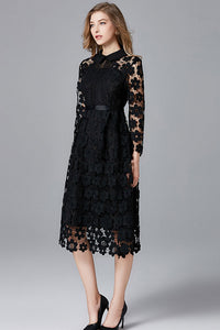 THREE QUARTER SLEEVE HOLLOW OUT LACE DRESS - Black XXL in Clearance (Austin)