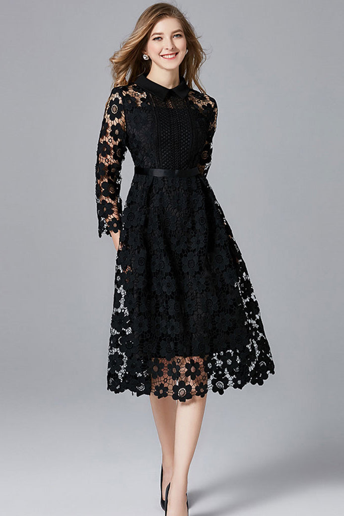 THREE QUARTER SLEEVE HOLLOW OUT LACE DRESS - Black XXL in Clearance (Austin)