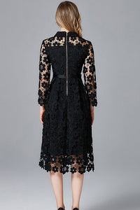 THREE QUARTER SLEEVE HOLLOW OUT LACE DRESS - in Clearance Black XXL
