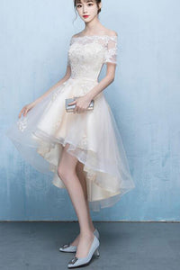 OFF SHOULDER EMBROIDERED TULLE HIGH LOW DRESS