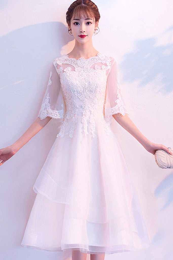 HALF SLEEVE EMBROIDERED LAYERED TULLE A-LINE DRESS
