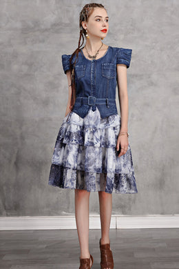 Cap Sleeve Denim Contrast Layered Dress