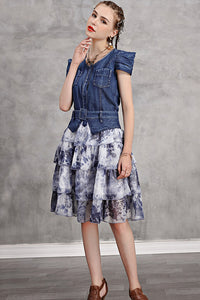 Cap Sleeve Denim Contrast Layered Dress