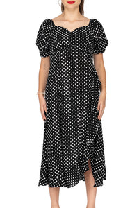 Polka Dot Fit & Flare Dress with Sweetheart Neckline and Side Slit Vicky and Lucas Polka Dot Fit & Flare Dress with Sweetheart Neckline and Side Slit Vicky and Lucas