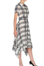 Button Down Plaid Silk Dress with Asymmetrical Hem and Belted waist