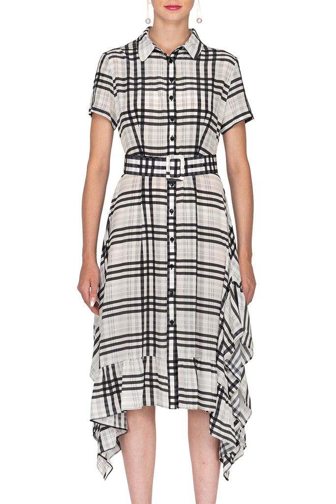 Button Down Plaid Silk Dress with Asymmetrical Hem and Belted waist Vicky and Lucas Button Down Plaid Silk Dress with Asymmetrical Hem and Belted waist Vicky and Lucas