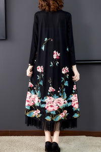 Long Sleeve Heap Up Neck Embroidered Shift Dress