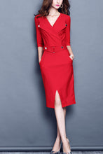 Lapel Neck Waist Belted Midi Dress -Red L in Clearance