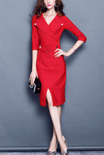 Lapel Neck Waist Belted Midi Dress -Red L in Clearance