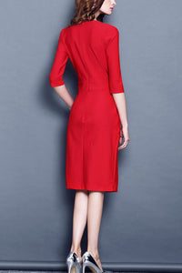 Lapel Neck Waist Belted Midi Dress -Red L in Clearance