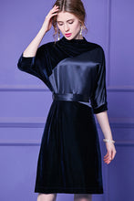 Half Sleeve Contrast Velvet A line Dress