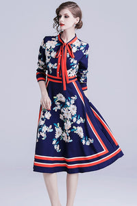 Long Sleeve Neck Bowknot A line Dress-M in Clearance