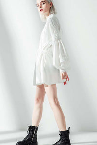 Puff Sleeve Waist Belted Embroidered Dress
