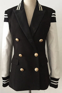 Leather Sleeve Double Breasted Long Blazer