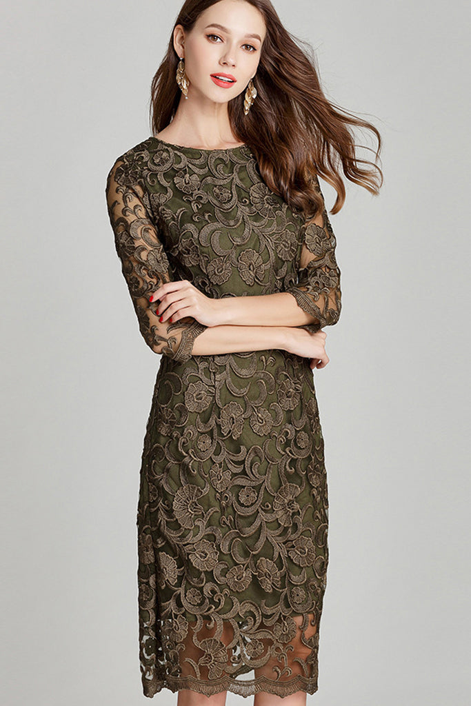 Three Quarter Sleeve Embroidered Lace Dress