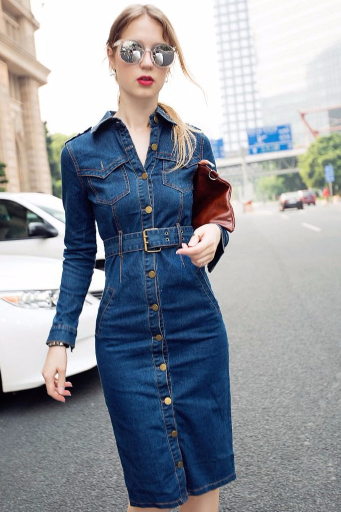 Chip slette synet Long Sleeve Button Down Waist Belted Denim Dress – Vicky and Lucas
