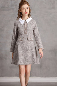 Long Sleeve Button Front Tweed A-line Dress