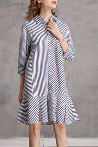 Three Quarter Sleeve Button Down Ruffle Hem Shift Dress