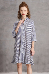 Three Quarter Sleeve Button Down Ruffle Hem Shift Dress