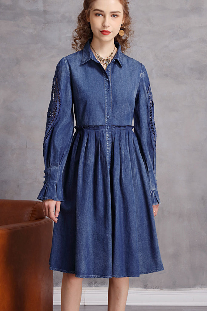 Hollow Out Sleeve Button Down Denim A-line Dress