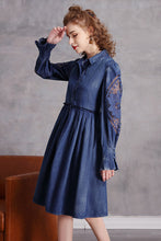 Hollow Out Sleeve Button Down Denim A-line Dress