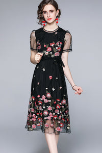 Short Sleeve Waist Belted Embroidered Tulle Dress