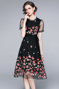Short Sleeve Waist Belted Embroidered Tulle Dress