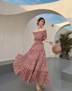 Off-shoulder Elastic Waist Floral Dress