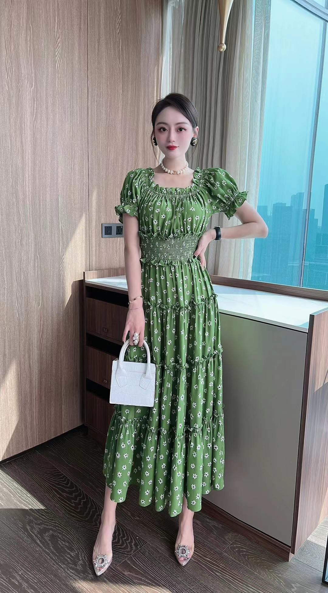 Puff Short Sleeve Elastic Waist Long Dress Vicky and Lucas Puff Short Sleeve Elastic Waist Long Dress Vicky and Lucas