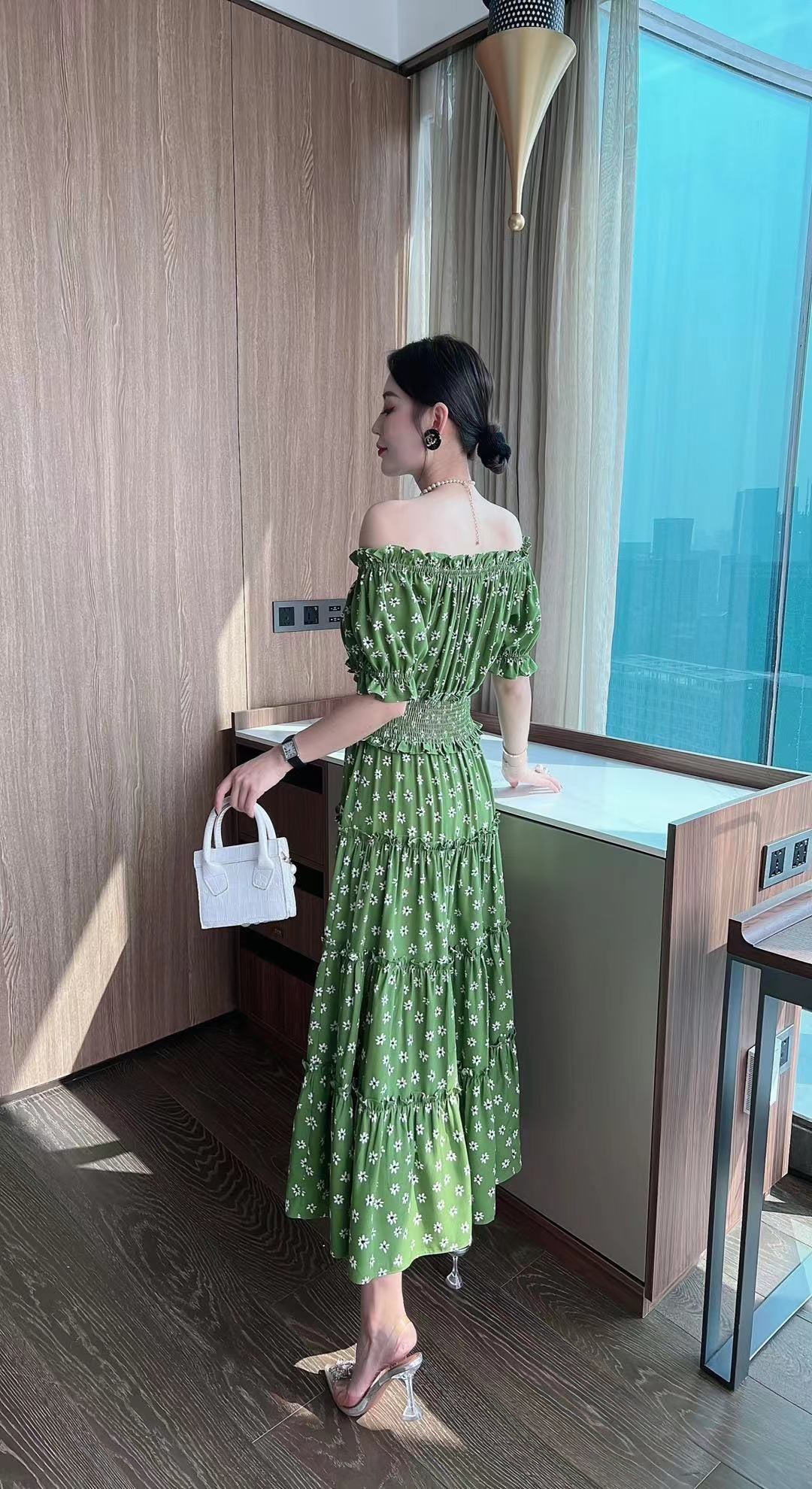 Puff Short Sleeve Elastic Waist Long Dress Vicky and Lucas Puff Short Sleeve Elastic Waist Long Dress Vicky and Lucas