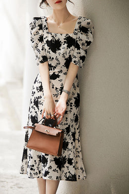 Puff Sleeve Square Neck Midi Dress