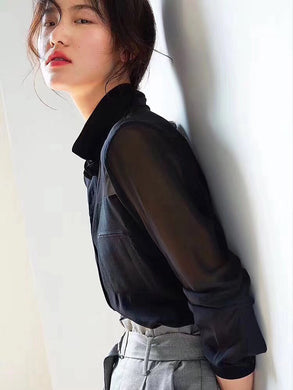 Long Sleeve V-neck High-low Silk Blouse