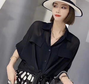 Short Sleeve Bottom Belted Top Blouse