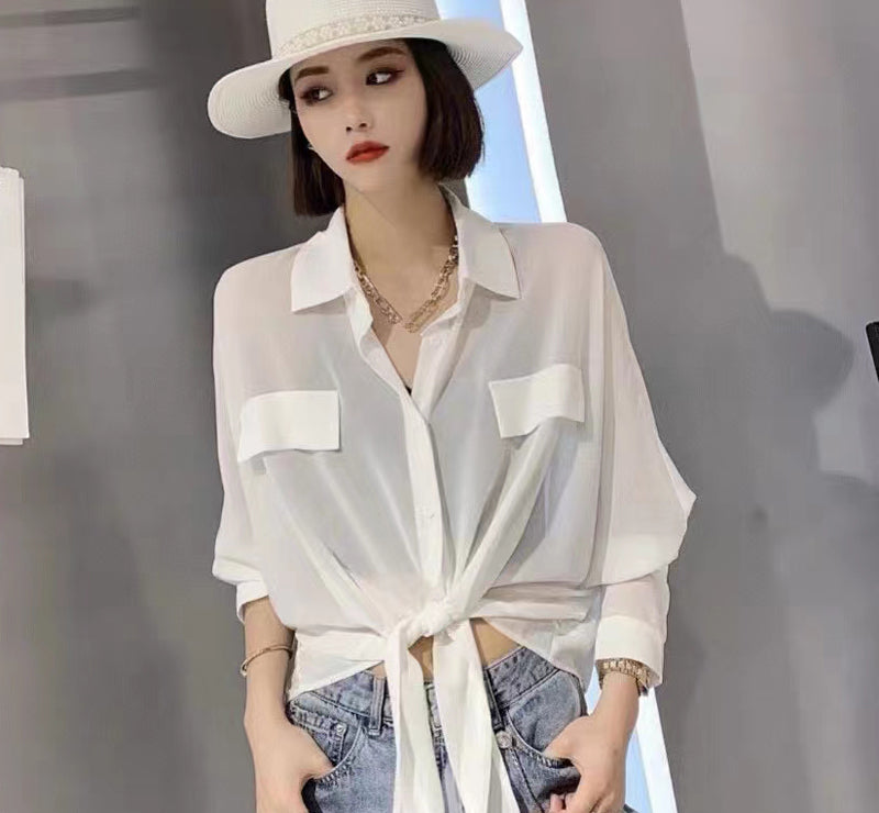 Short Sleeve Bottom Belted Top Blouse