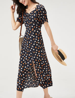 Sweetheart Neck Front Slit Floral Silk Dress