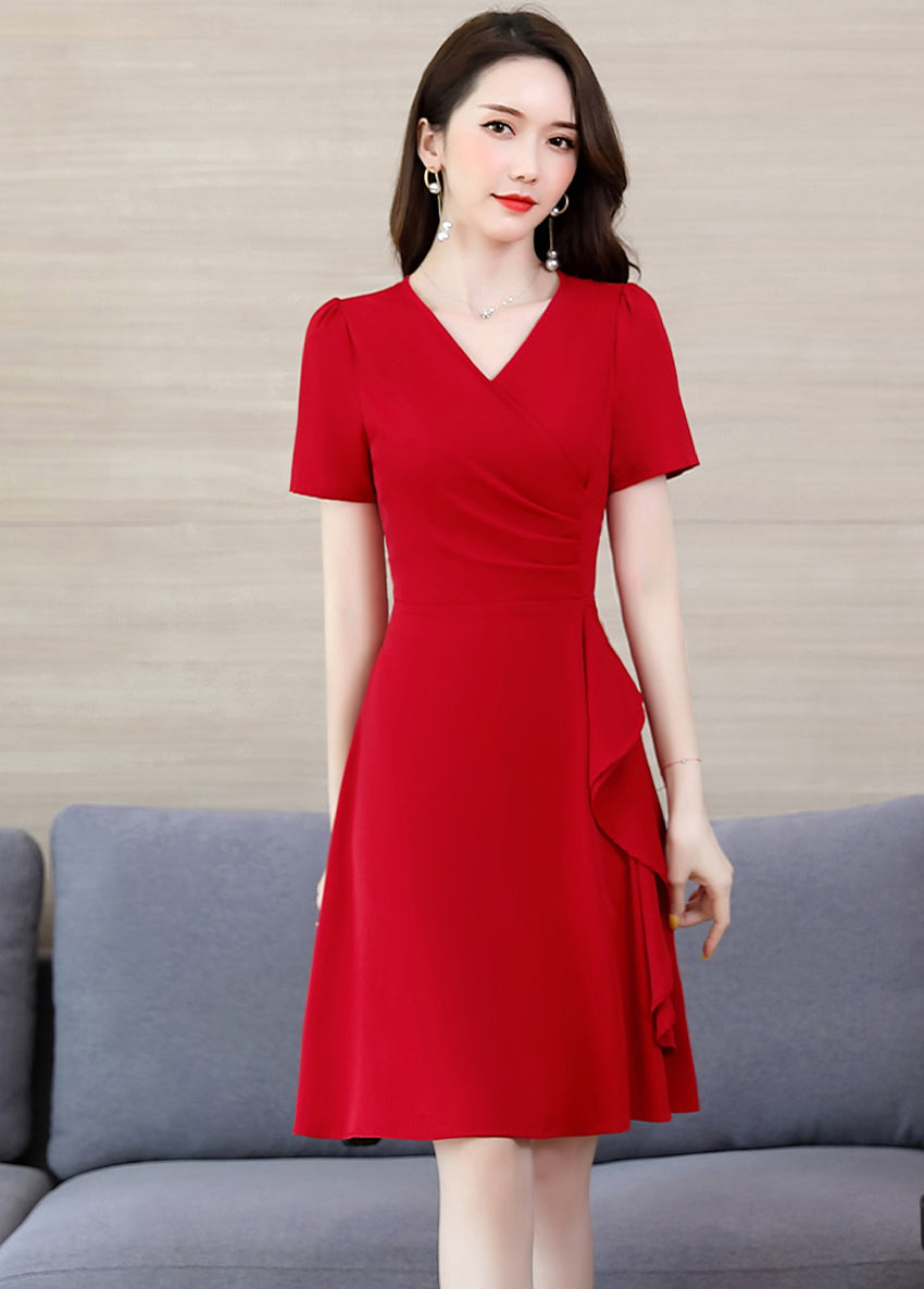 Short Sleeve V-neck Side Tail A-line Dress