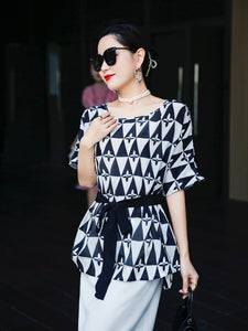 Short Batwing Sleeve Waist Belted Blouse