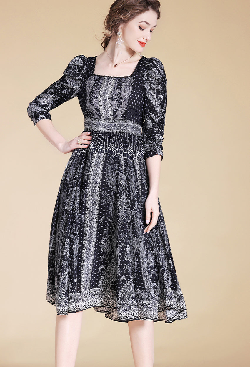 Three Quarter Sleeve Square Neck Silk Flair Dress Vicky and Lucas Three Quarter Sleeve Square Neck Silk Flair Dress Vicky and Lucas