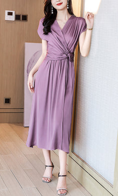 Cap Sleeve Surplice Waist Draped Silk Dress