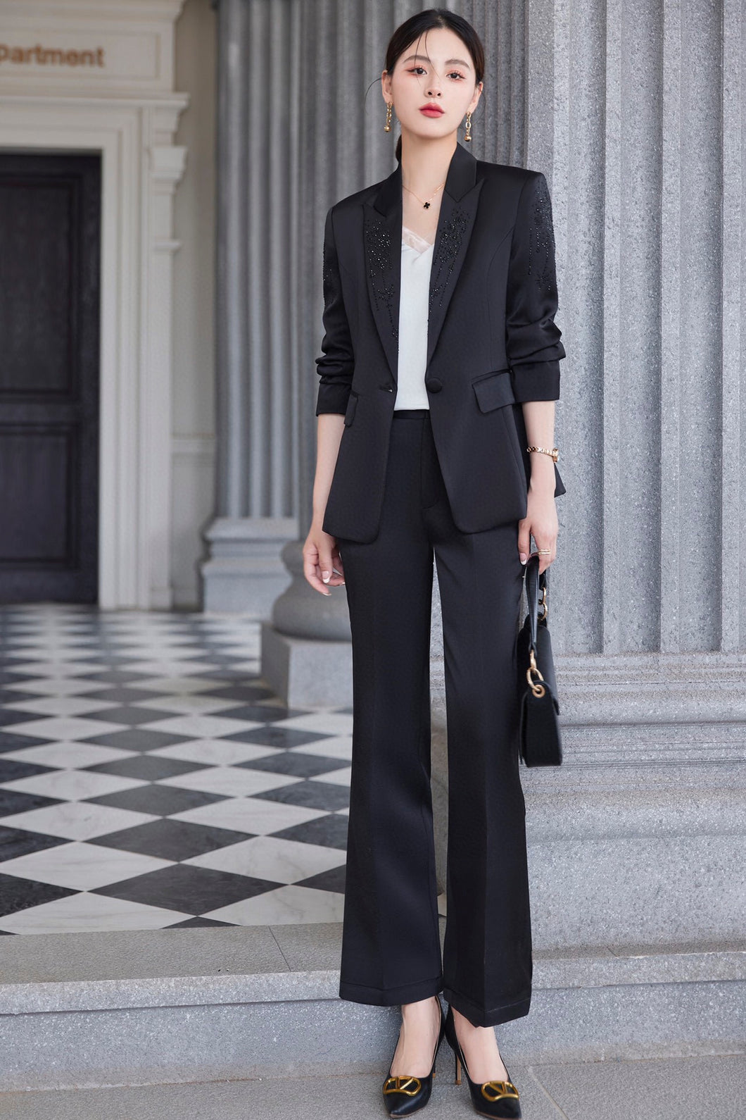 One Buckle Coat and Long Leg Pants Two-piece Set