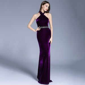 Zona Halter Neck Backless Velvet Maxi Dress