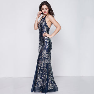 Jodie Backless Embroidered Sequin Maxi Dress